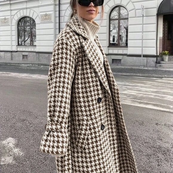 Houndstooth Casual Women's belted long trench Coat - Picture 4 of 6